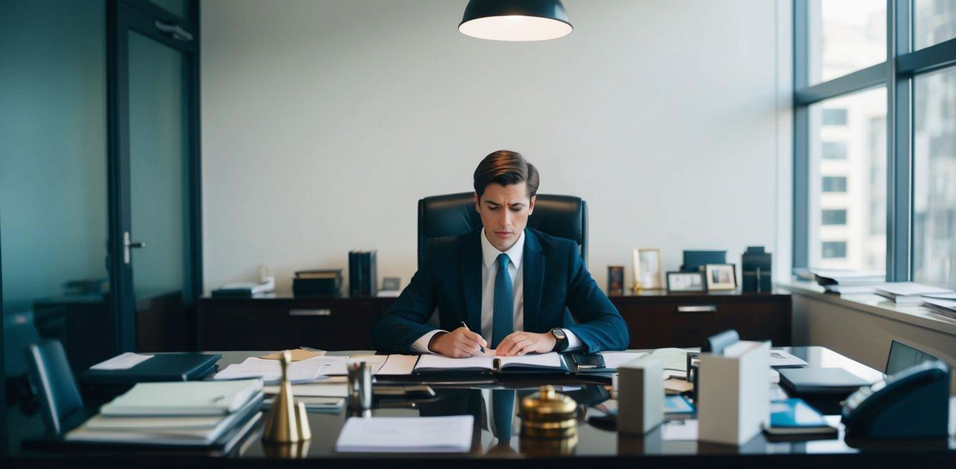 A person sitting at a cluttered desk, comparing a sleek, professional-looking private DUI lawyer's office to a stark, institutional public defender's office
