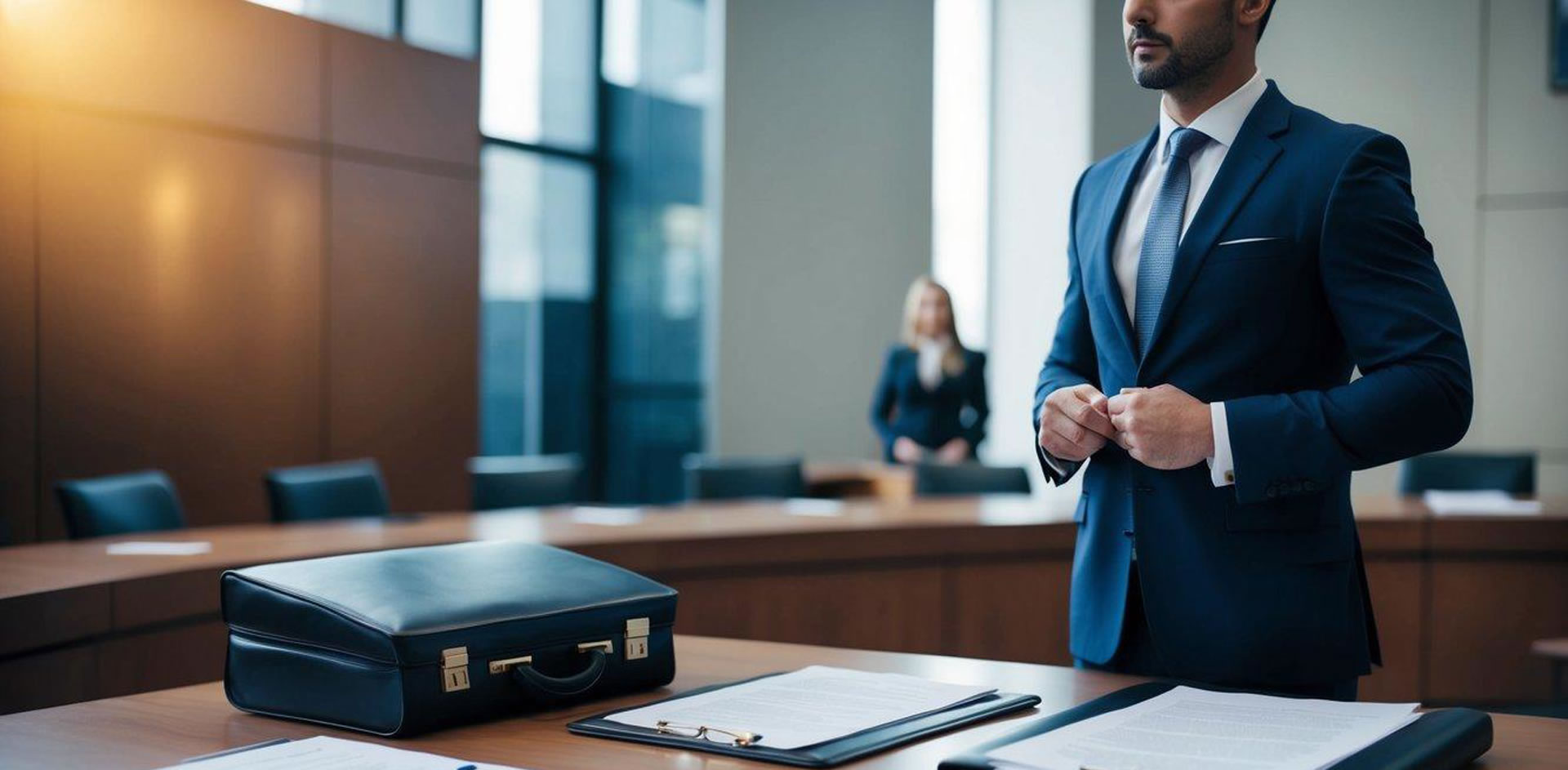 A private DUI lawyer confidently stands in a courtroom, surrounded by organized legal documents and a sleek briefcase. The lawyer exudes professionalism and expertise, ready to advocate for their client