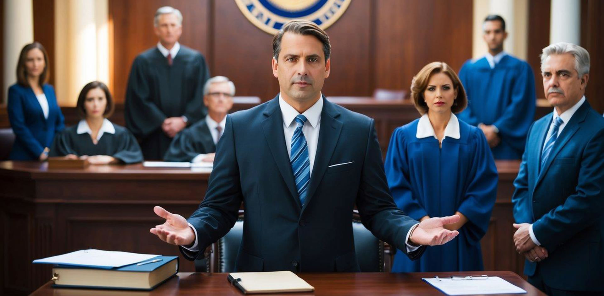 A private DUI lawyer confidently stands before a judge and jury, presenting a strong and persuasive case in a well-appointed courtroom