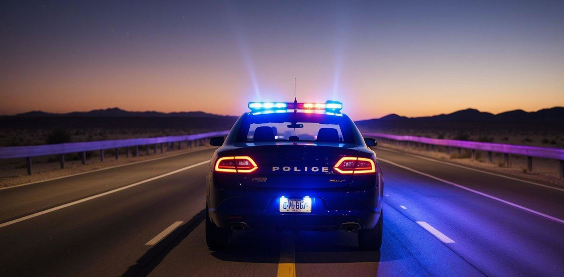 A car pulled over by police with flashing lights on a desert highway at night