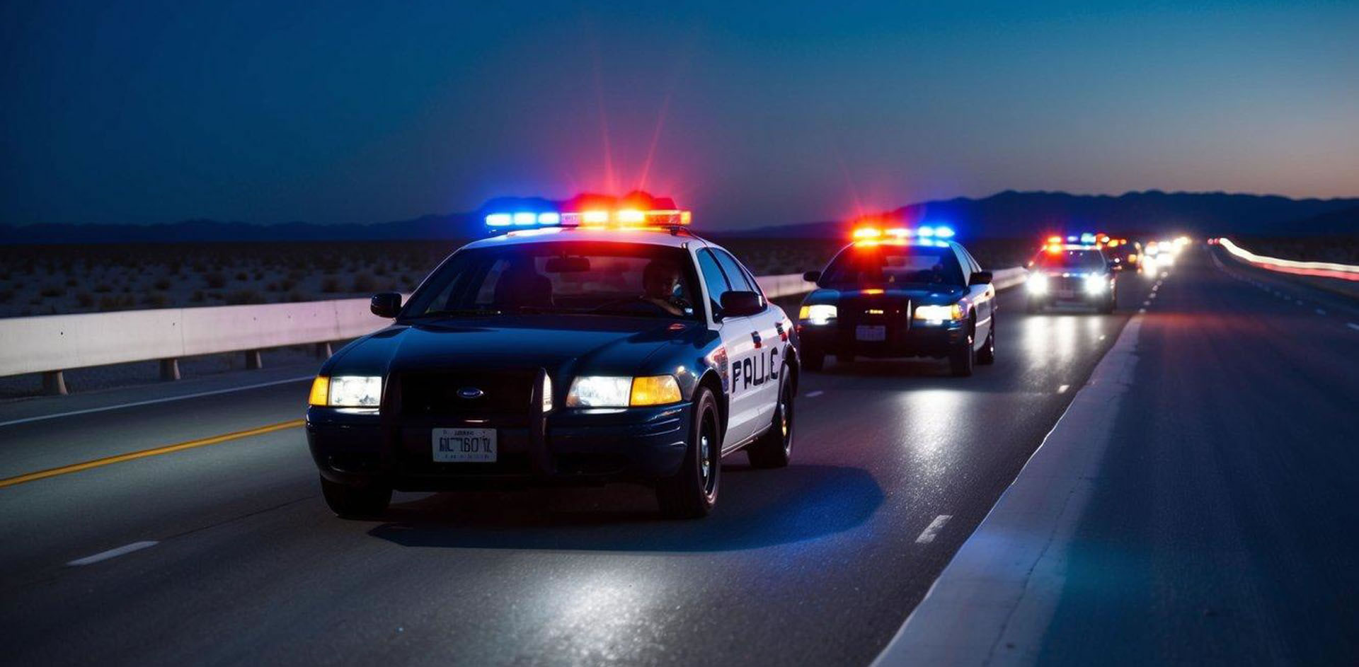 A car pulled over by police with flashing lights on a desert highway at night