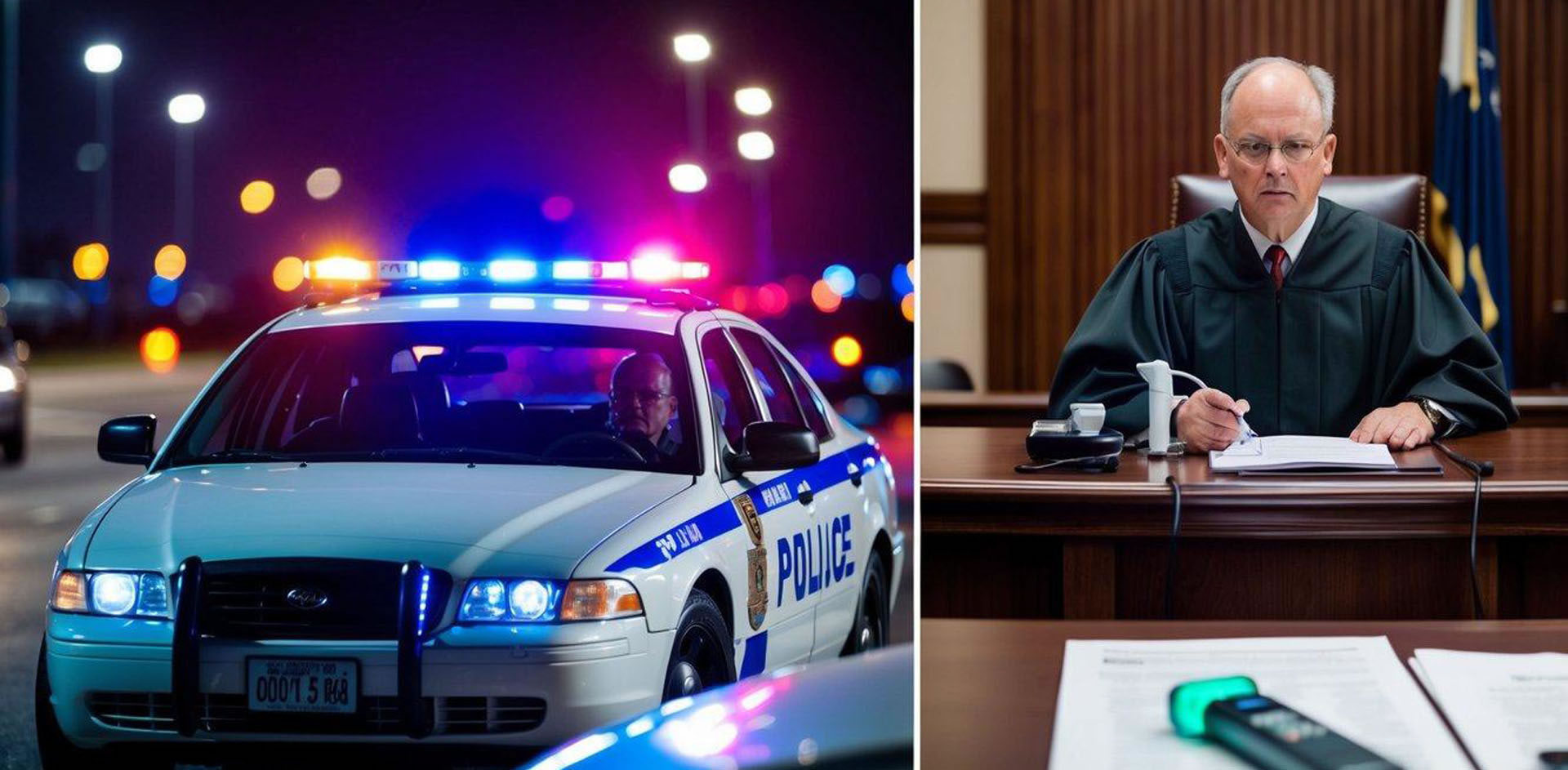 A car pulled over by police with flashing lights at night, a breathalyzer test being administered, and a judge sentencing in a courtroom